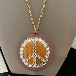 Tarina Tarantino Necklace Wood and Pink Lucite Peace Sign Pendant